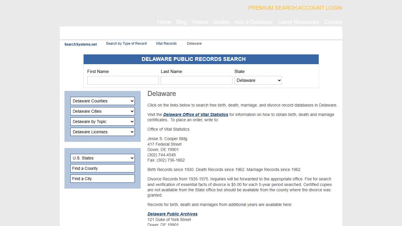 Delaware Vital records: Birth Records, Death Records, Marriage Licenses and Divorces