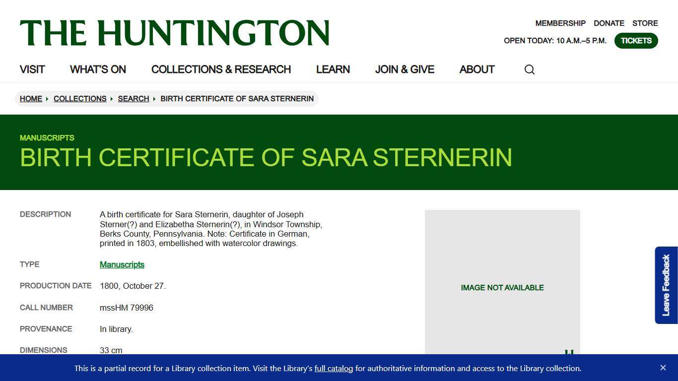 Birth Certificate of Sara Sternerin Collections The Huntington